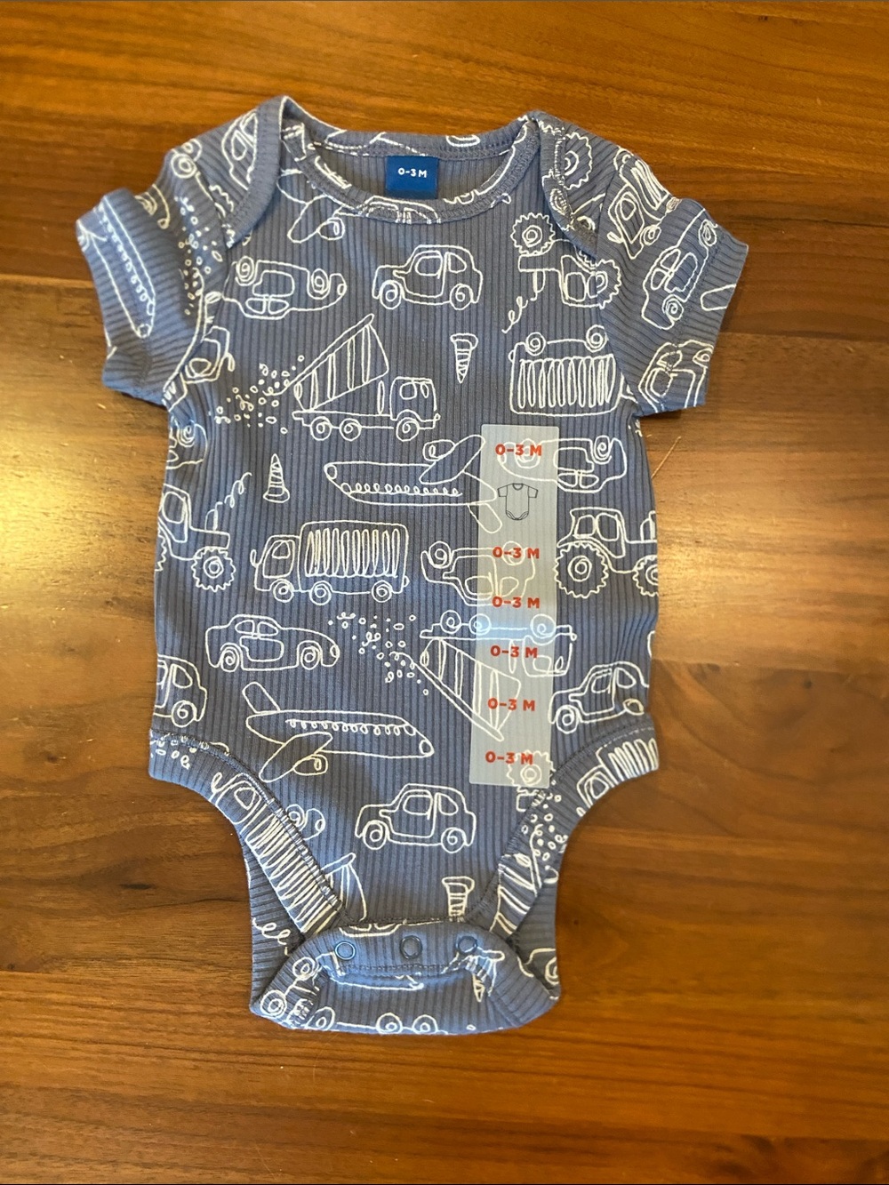 Old Navy Navy Blue Ribbed Baby Bodysuit with White Vehicle Print